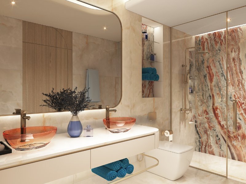 Elegant bathroom in an exclusive waterfront residence in Dubai, featuring luxurious finishes, a spacious layout, and a serene ambiance.