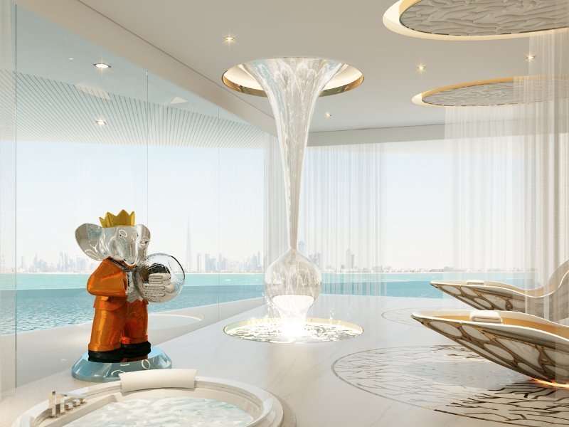 Stunning skyline view from an exclusive waterfront residence in Dubai, showcasing modern skyscrapers, serene water features, and a vibrant cityscape. The scene captures the elegance and luxury of Dubai's urban landscape.