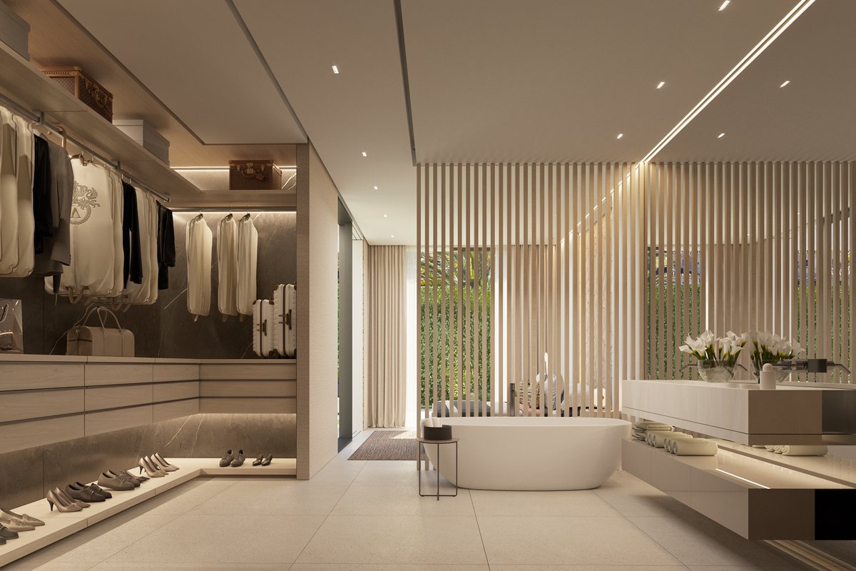 Luxurious bathroom in a frontline golf villa in Marbella, featuring modern fixtures, a freestanding bathtub with views of the golf course, and elegant design elements that create a serene, spa-like atmosphere for ultimate relaxation.