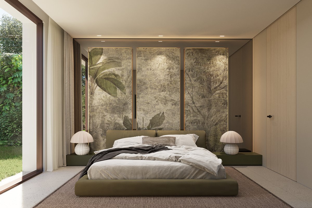 Stylish bedroom in a frontline golf villa in Marbella, featuring modern furnishings, large windows with stunning views of the golf course, and a serene, spacious design that creates a peaceful retreat for relaxation and comfort.