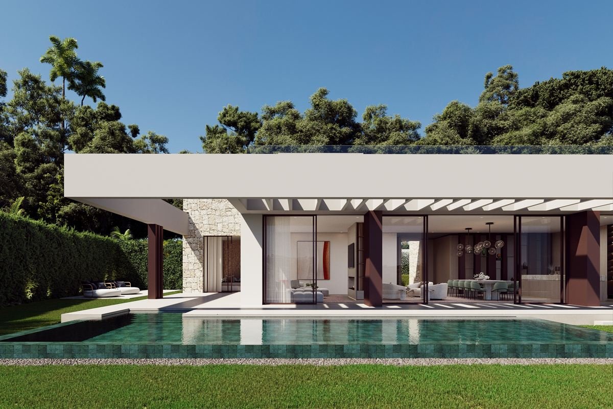 Impressive facade of a frontline golf villa in Marbella, featuring sleek modern architecture, expansive windows, and a spacious design that seamlessly blends with the lush surroundings of the golf course, showcasing luxury living at its finest.