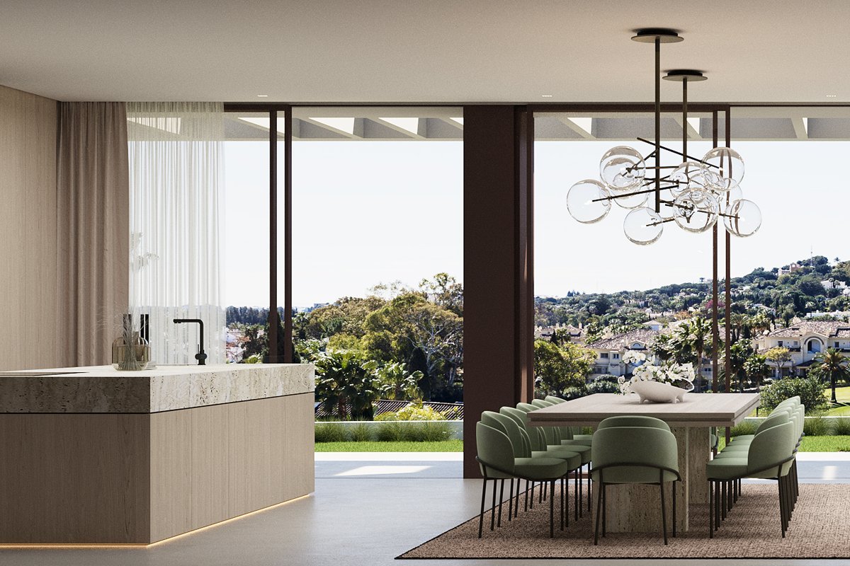Modern kitchen and dining area in a frontline golf villa in Marbella, designed for golf lovers, featuring sleek, high-end appliances, an open-concept layout, and large windows that offer stunning views of the golf course, creating a perfect space for entertaining and dining.
