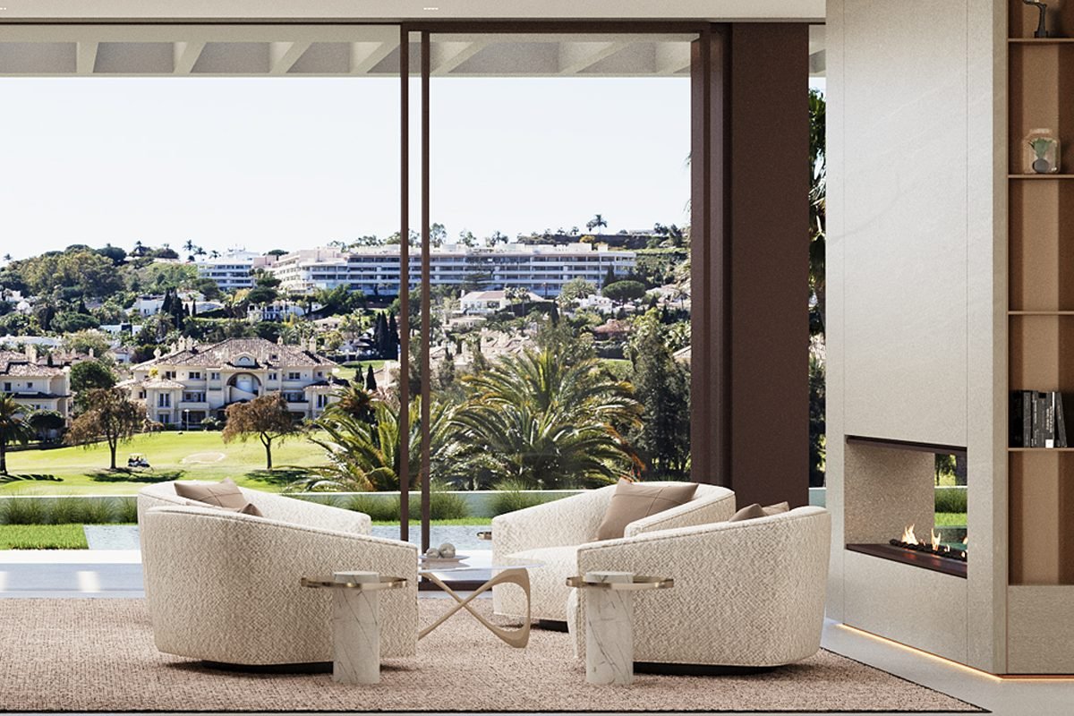 Stylish living room in a frontline golf villa in Marbella, designed for golf enthusiasts, featuring contemporary furnishings, expansive windows that frame breathtaking views of the golf course, and a spacious, light-filled layout for ultimate comfort and relaxation.