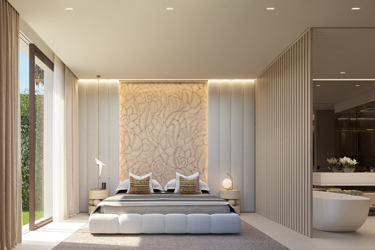 Sophisticated master bedroom in a frontline golf villa in Marbella, designed for golf lovers, featuring elegant modern furnishings, large windows offering panoramic views of the lush green fairways, and a serene, luxurious atmosphere.