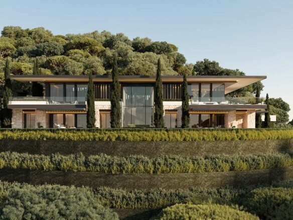 Stunning facade of a licensed project on a prime plot in La Zagaleta, Marbella, featuring sleek modern architectural design with clean lines, expansive windows, and a harmonious blend of luxury and nature. The project is designed to integrate seamlessly with the surrounding landscape, offering an exclusive and elegant living experience.